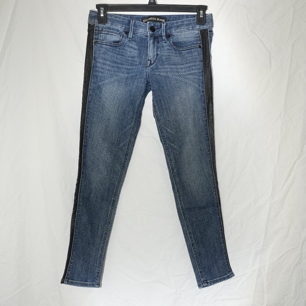 Express Womens 4R Blue Jeans Ankle Legging Stella Low Rise Faux Leather Stripes
